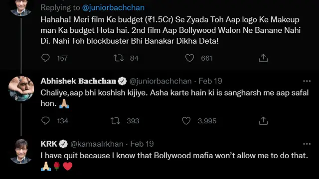 Kamaal R Khan asks “when will Bollywood make an incredible film’, Abhishek replies ‘like you made Deshdrohi’
